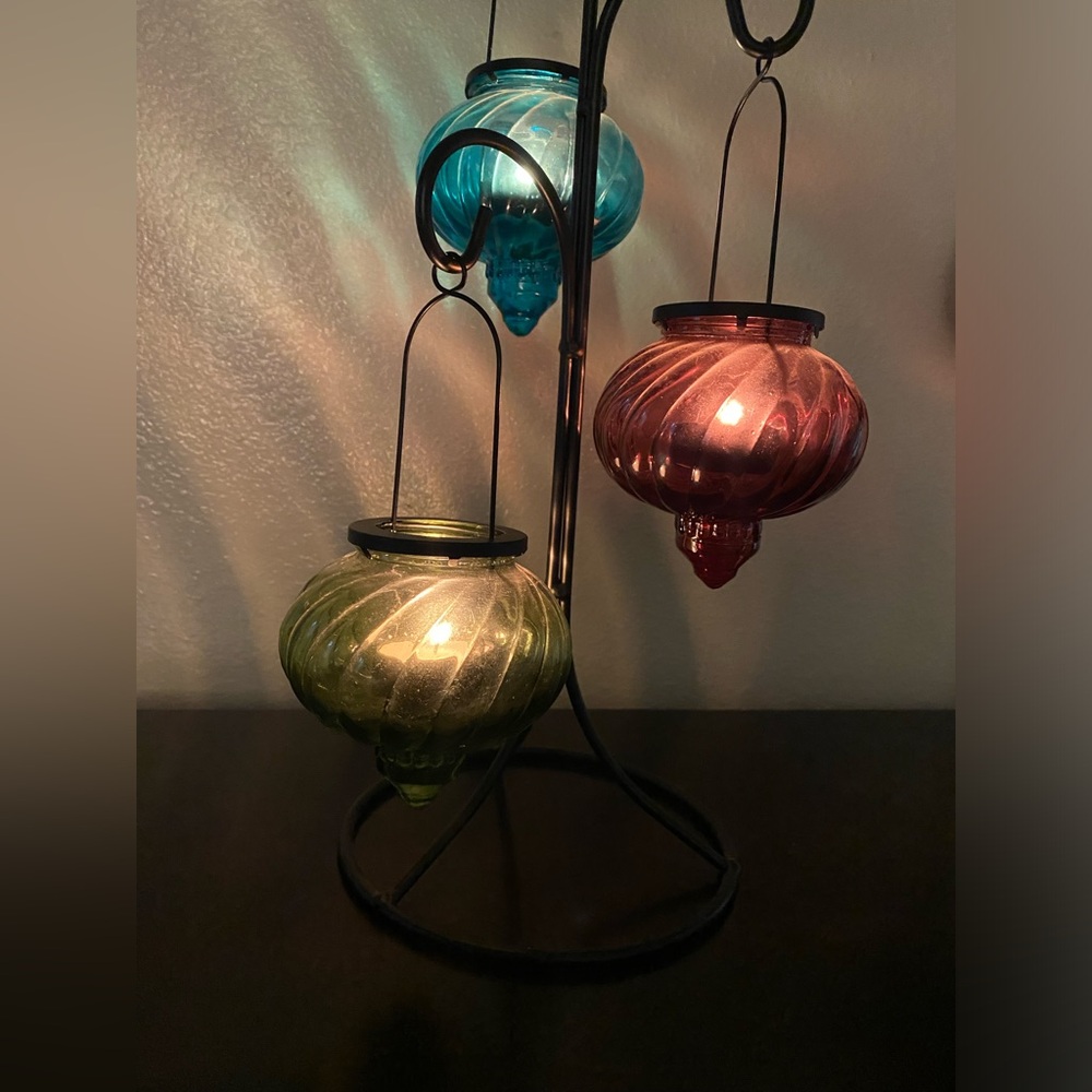 Moroccan Iron & Glass Tea Light Candle Holder Trio | Boho Home Decor - Picture 6 of 6